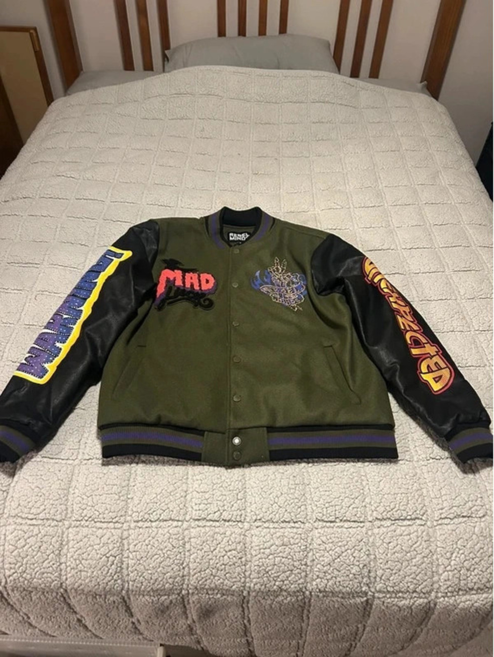 Rebel Minds Madness Varsity Jacket Olive Black Rhinestone Eagle NWT Men’s L